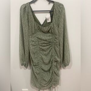 Forever 21 Green Floral Long Sleeve Ruche Dress PTP 18